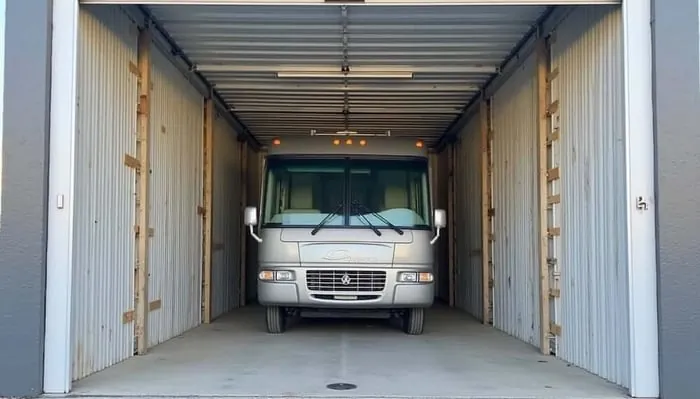 14 by 45 foot enclosed indoor RV storage unit