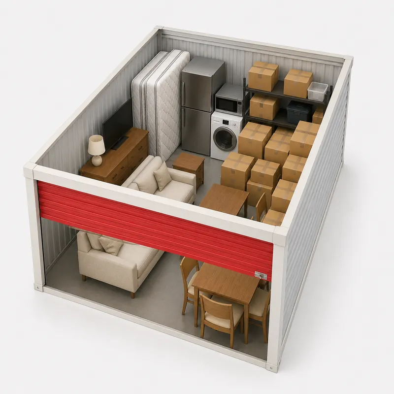 10 by 10 foot storage unit holding a one-bedroom apartment's furniture and appliances