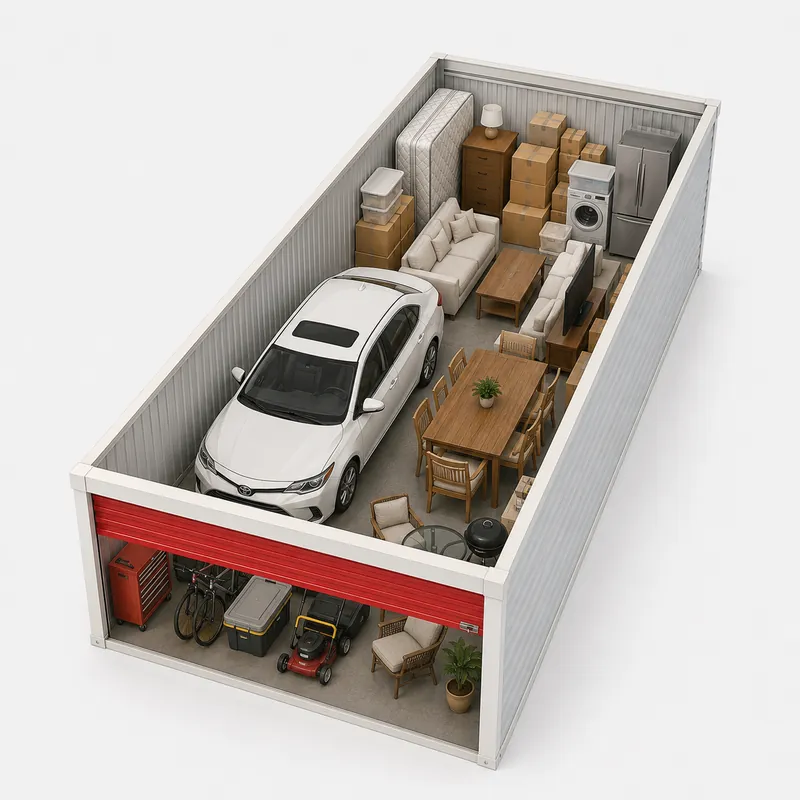 Large drive-up storage unit holding a vehicle plus household furniture and boxes