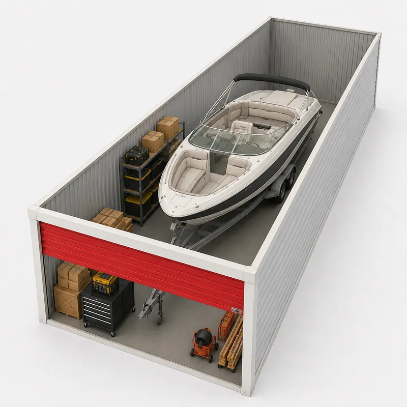 14 by 45 foot fully enclosed indoor unit storing a large boat and equipment