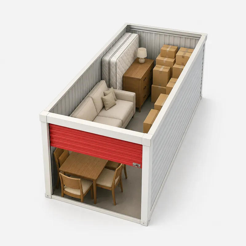 5 by 10 foot storage unit packed with a sofa, mattress, dresser and boxes